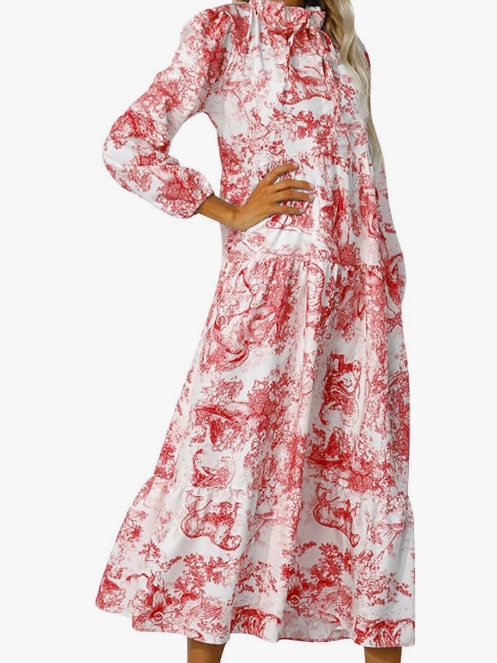 Red & White Printed Maxi Dress - Elegant High Neck